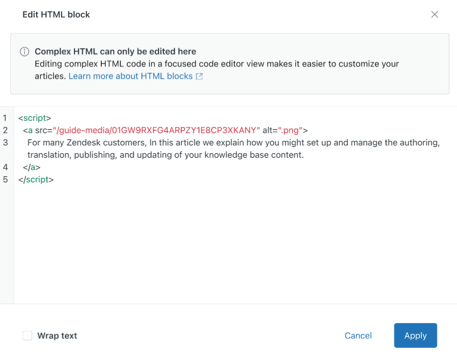 Article editor UI enhancements HTML blocks Zendesk help