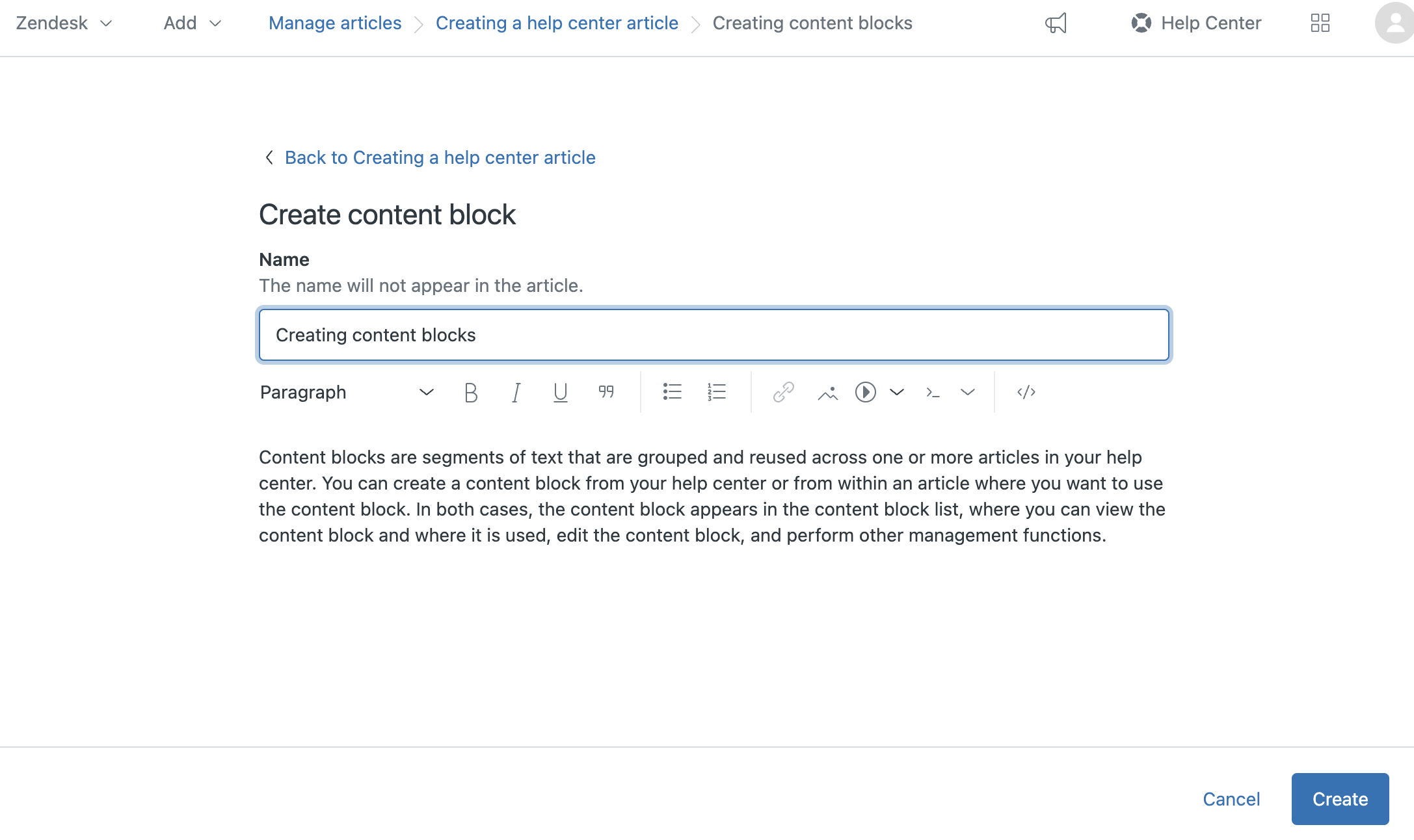 Creating and inserting reusable information with content blocks